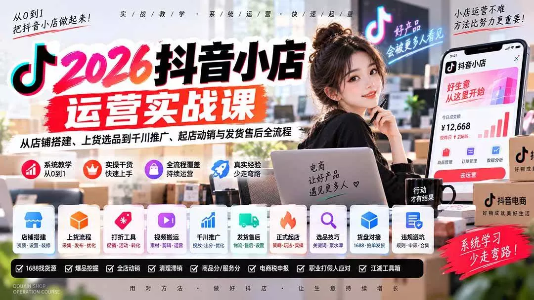 （20568期）2026抖音小店运营实战课｜从店铺搭建、上货选品到千川推广、起店动销与发货售后全流程_抖汇吧