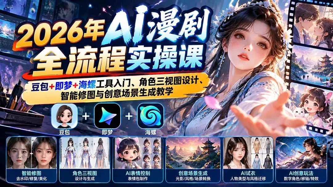 （21077期）2026年AI漫剧全流程实操课：豆包+即梦+海螺工具入门、角色三视图设计、智能修图与创意场景生成教学_抖汇吧