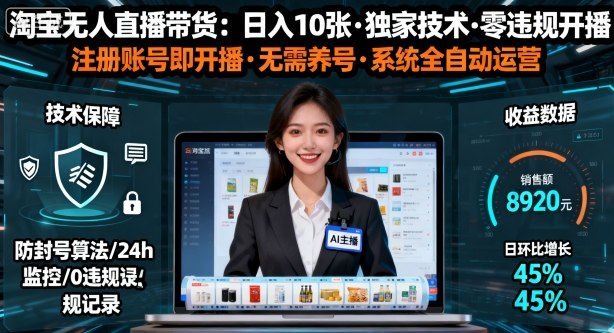 【最新】淘宝无人直播带货，日入10张，独家技术，无违规无封号，注册账号直接开播，不用养号【揭秘】_抖汇吧