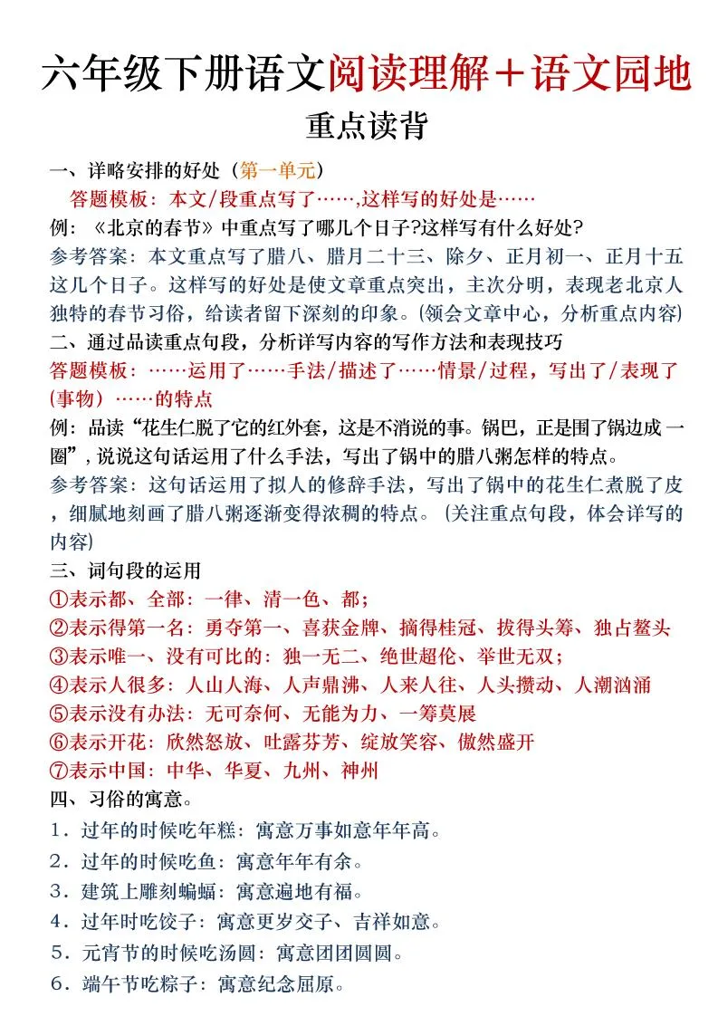 六年级下语文阅读理解＋语文园地专题