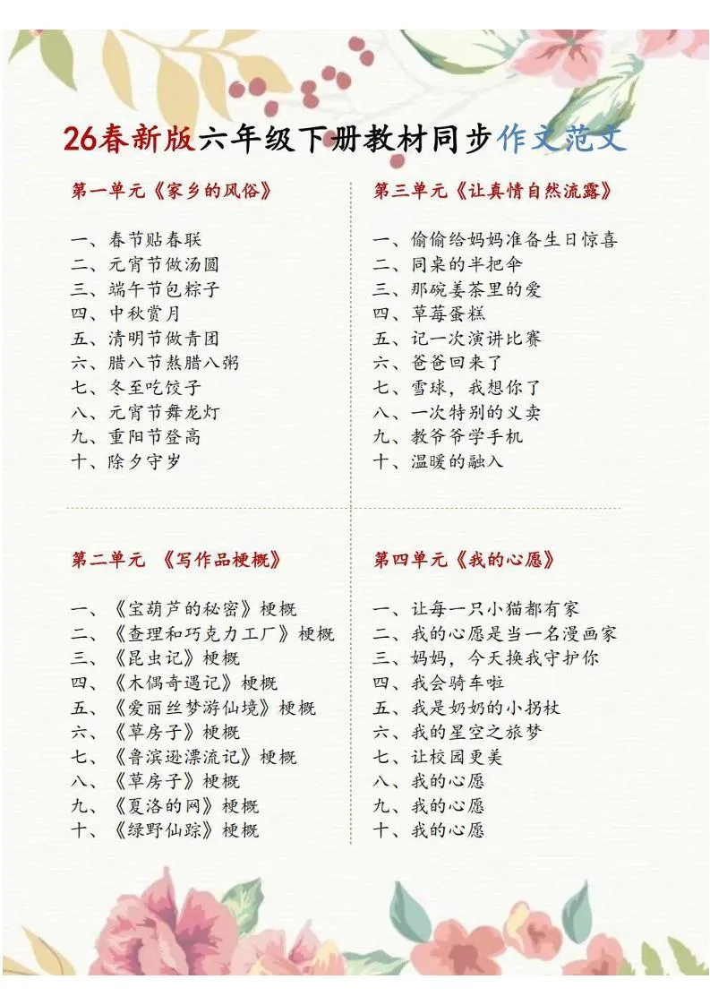 六年级下语文1-8单元同步作文范文