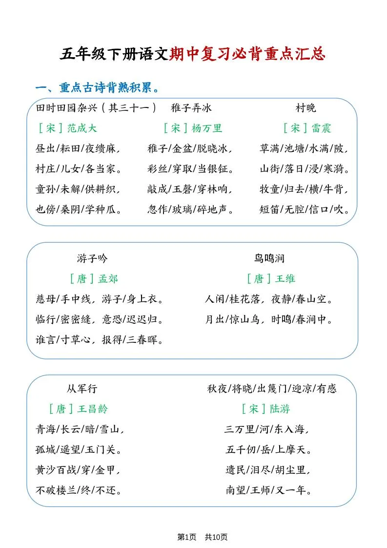 五年级下语文期中复习重点知识点汇总1