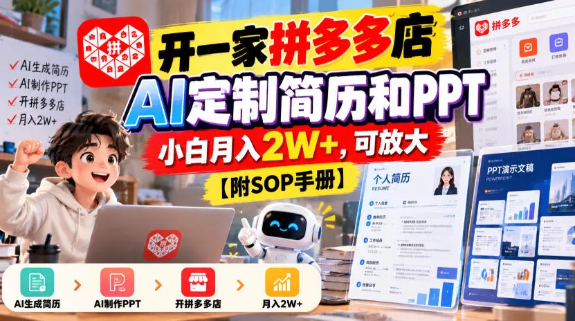开一家拼多多店，AI定制简历和PPT，小白月入2W+，可放大【附SOP手册】【揭秘】_抖汇吧