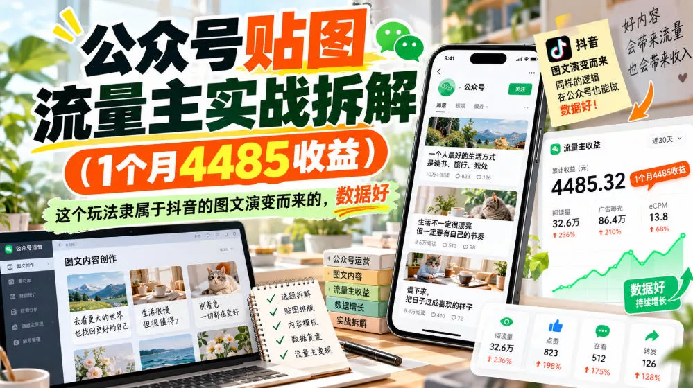 公众号贴图流量主实战拆解(1个月4485收益)，这个玩法隶属于抖音的图文演变而来的，数据好_抖汇吧