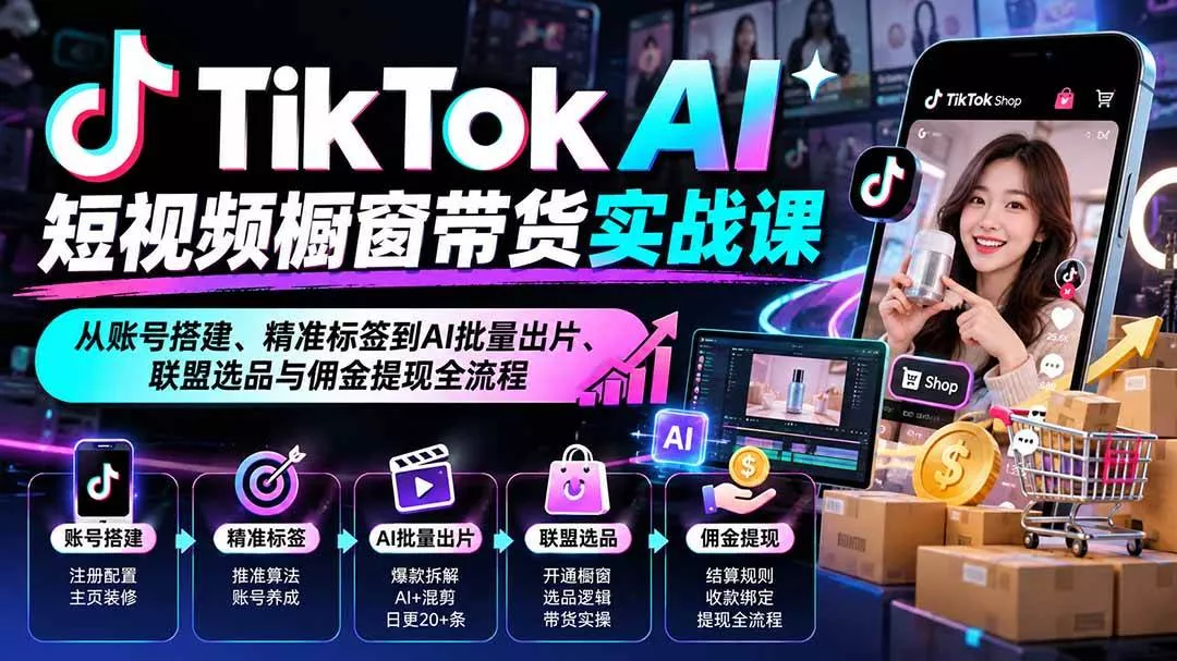 (20725期)TikTok AI短视频橱窗带货实战课:从账号搭建、精准标签到AI批量出片、联盟选品与佣金提现全流程 (20725期)TikTok AI短视频橱窗带货实战课:从账号搭建、精准标签到AI批量出片、联盟选品与佣金提现全流程