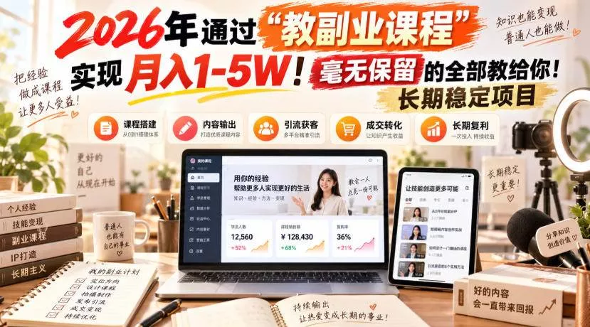 （20468期）2026年通过“教副业课程”实现月入1-5W！毫无保留的全部教给你！长期稳定项目_抖汇吧