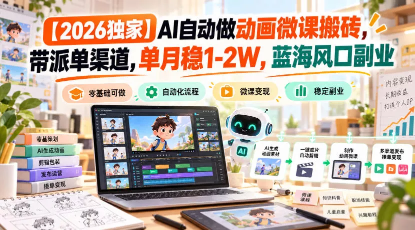 【2026独家】AI自动做动画微课搬砖，带派单渠道，单月稳1-2W，蓝海风口副业【揭秘】_抖汇吧