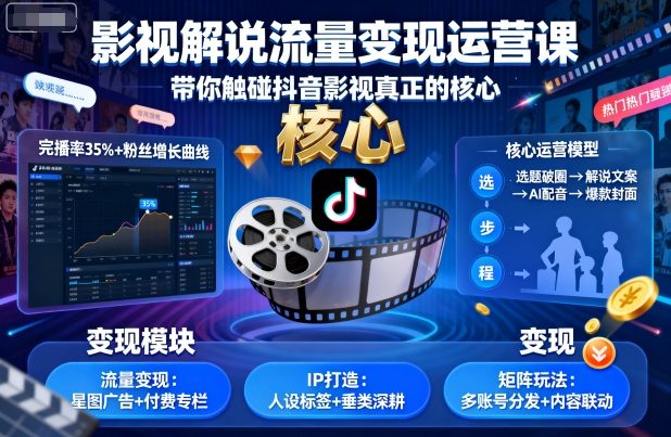 影视解说流量变现运营课，带你触碰抖音影视真正的核心_抖汇吧