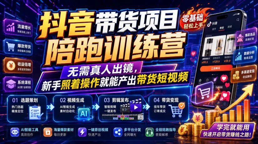 抖音带货项目陪跑训练营，无需真人出镜，新手照着操作就能产出带货短视频_抖汇吧