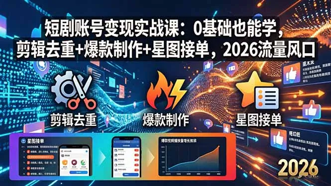 短剧账号变现实战课：0基础也能学，剪辑去重+爆款制作+星图接单，2026流量风口_抖汇吧