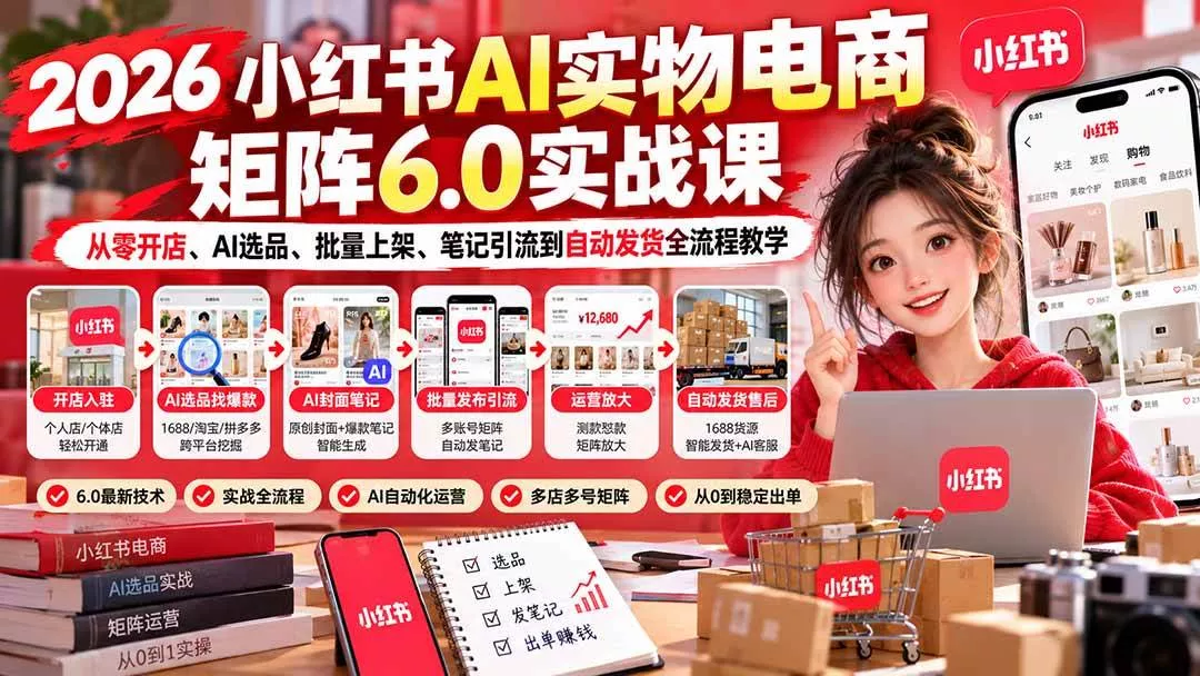 (21274期)2026小红书AI实物电商矩阵6.0实战课:从零开店、AI选品、批量上架、笔记引流到自动发货全流程教学 (21274期)2026小红书AI实物电商矩阵6.0实战课:从零开店、AI选品、批量上架、笔记引流到自动发货全流程教学
