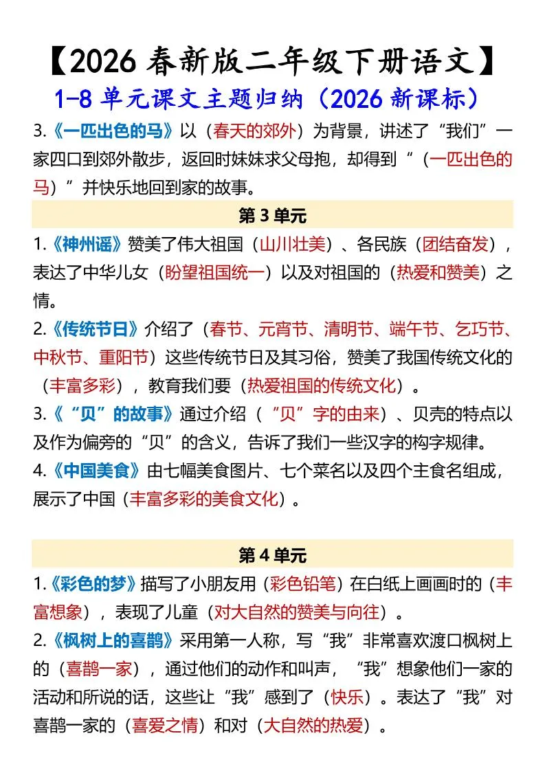 二年级下语文1-8单元课文主题归纳_抖汇吧