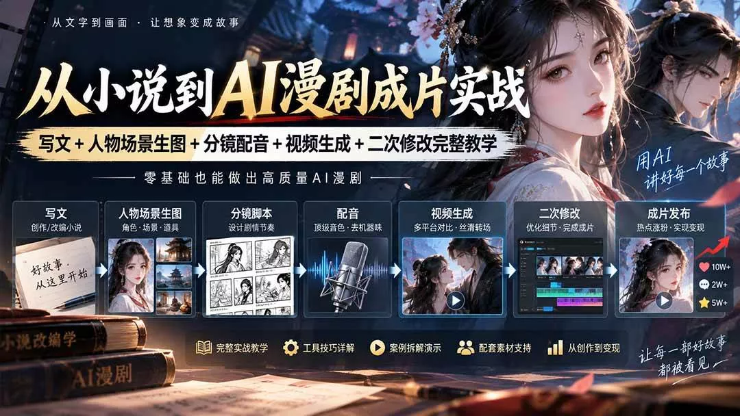 (20577期)从小说到AI漫剧成片实战:写文+人物场景生图+分镜配音+视频生成+二次修改完整教学 (20577期)从小说到AI漫剧成片实战:写文+人物场景生图+分镜配音+视频生成+二次修改完整教学