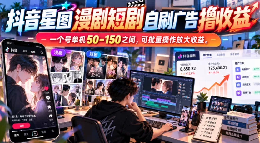 抖音星图漫剧短剧自刷广告撸收益，一个号单机50-150之间，可批量操作放大收益_抖汇吧