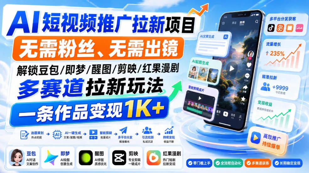 AI短视频推广拉新项目,无需粉丝、无需出镜,解锁豆包/即梦/醒图/剪映/红果漫剧多赛道拉新玩法,一条作品变现1K+(更新0910) AI短视频推广拉新项目,无需粉丝、无需出镜,解锁豆包/即梦/醒图/剪映/红果漫剧多赛道拉新玩法,一条作品变现1K+(更新0910)