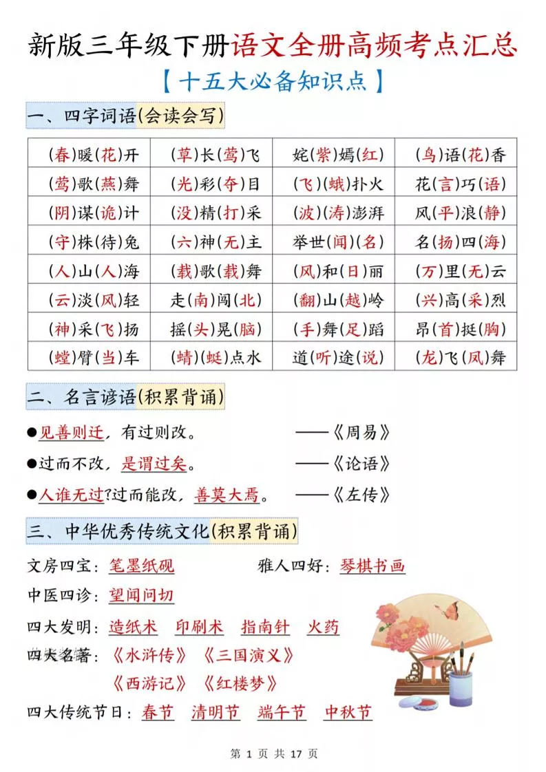 三年级下语文期末复习高频考点汇总（十五大必备知识点）