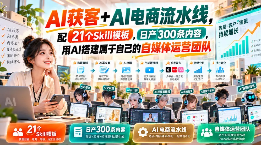 AI获客+AI电商流水线，配21个Skill模板，日产300条内容，用AI搭建属于自己的自媒体运营团队_抖汇吧