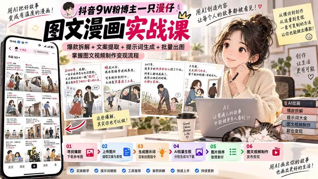 （20584期）抖音9W粉博主一只漫仔图文漫画课：爆款拆解+文案提取+提示词生成+批量出图，掌握图文视频制作变现流程_抖汇吧