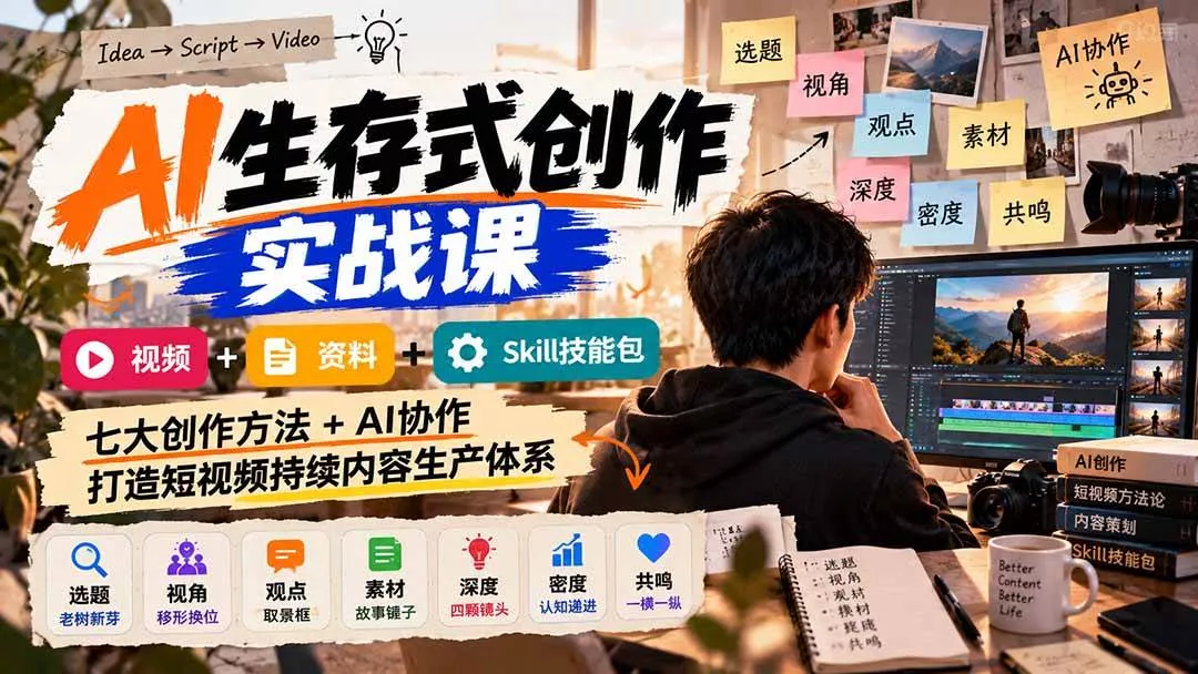 （21081期）AI生存式创作实战课：视频+资料+Skill技能包，七大创作方法+AI协作，打造短视频持续内容生产体系_抖汇吧