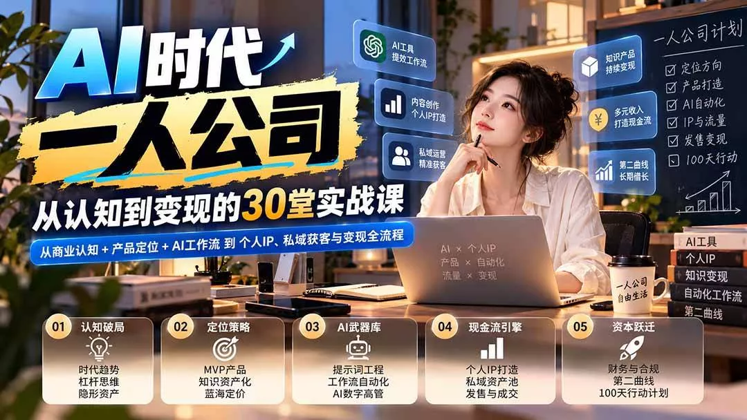（20847期）【无水印】AI时代一人公司30堂实战课：从商业认知+产品定位+AI工作流到个人IP、私域获客与变现全流程_抖汇吧