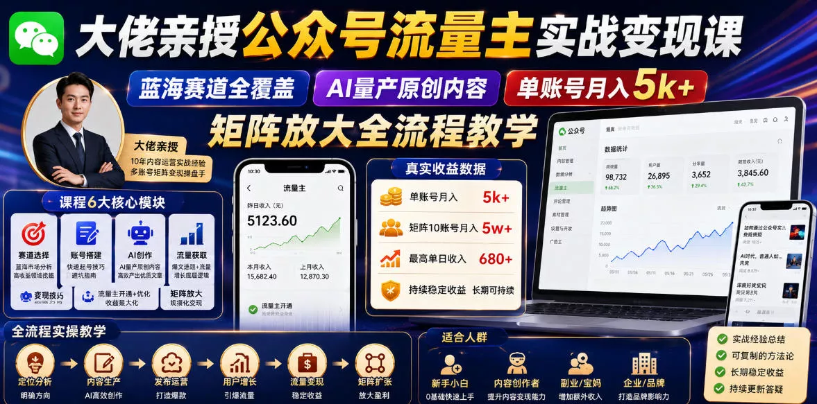 大佬亲授公众号流量主实战变现课，蓝海赛道全覆盖，AI量产原创内容，单账号月入5k+矩阵放大全流程教学_抖汇吧