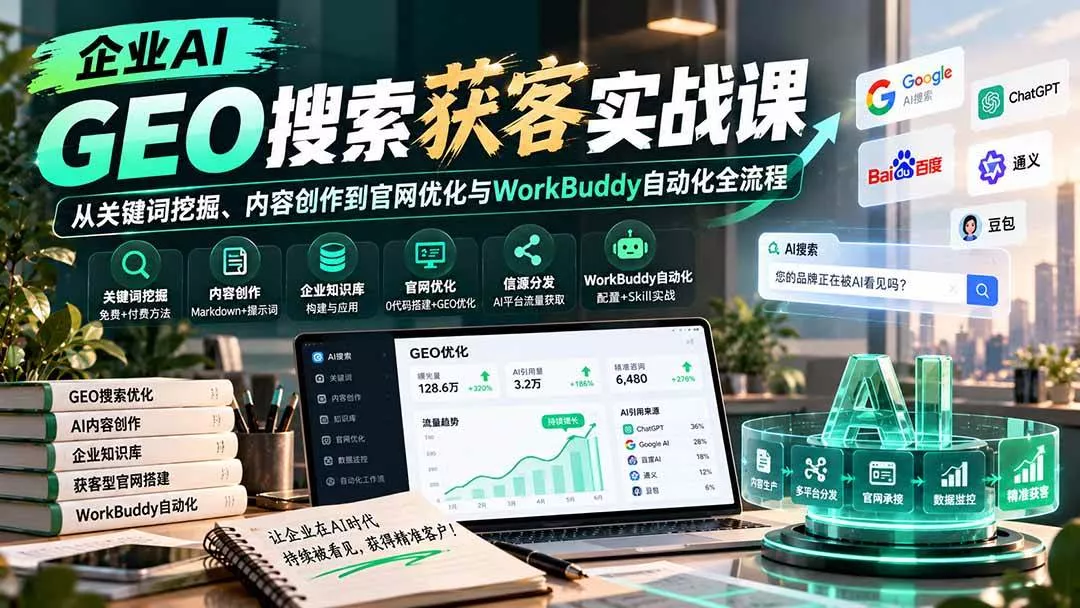 (20643期)企业AI GEO搜索获客实战课:从关键词挖掘、内容创作到官网优化与WorkBuddy自动化全流程_抖汇吧