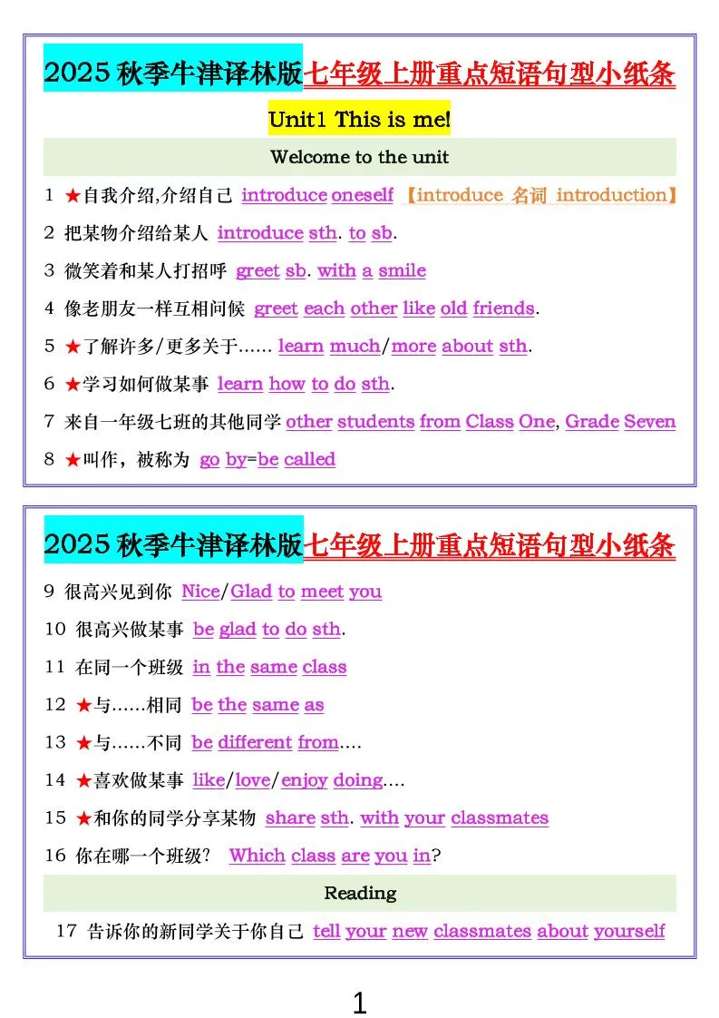 七年级上英语重点短语句型小纸条（牛津译林版）