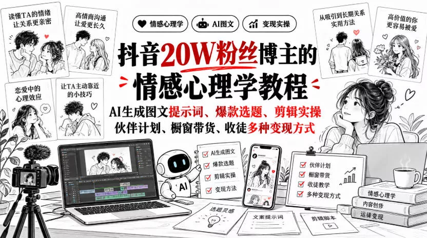 抖音20W粉丝博主静候心声的情感心理学教程，AI生成图文提示词、爆款选题、剪辑实操，伙伴计划、橱窗带货、收徒多种变现方式_抖汇吧
