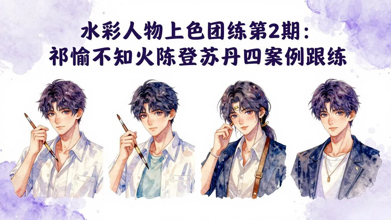 水彩人物上色团练第2期：祁煜不知火陈登苏丹四案例跟练，手把手提升绘画能力_抖汇吧
