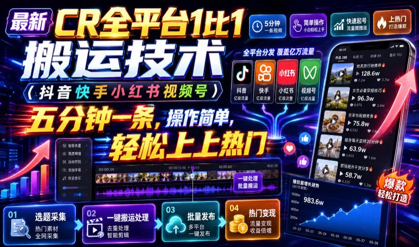 最新CR全平台1比1搬运技术(抖音快手小红书视频号)五分钟分钟一条，操作简单，轻松上热门(教程+软件+参数)_抖汇吧