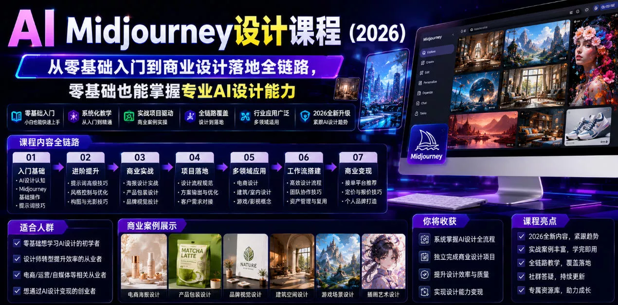 AI Midjourney设计课程（2026），从零基础入门到商业设计落地全链路，零基础也能掌握专业AI设计能力（更新1007）_抖汇吧