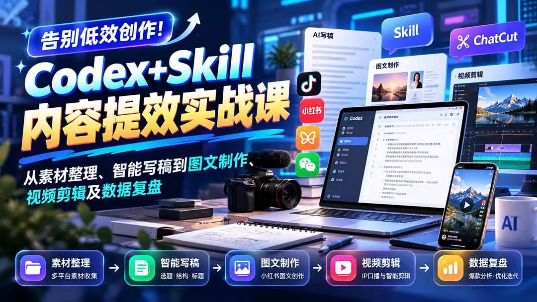 （20915期）【无水印】告别低效创作！Codex+Skill内容提效实战课：从素材整理、智能写稿到图文制作、视频剪辑及数据复盘_抖汇吧