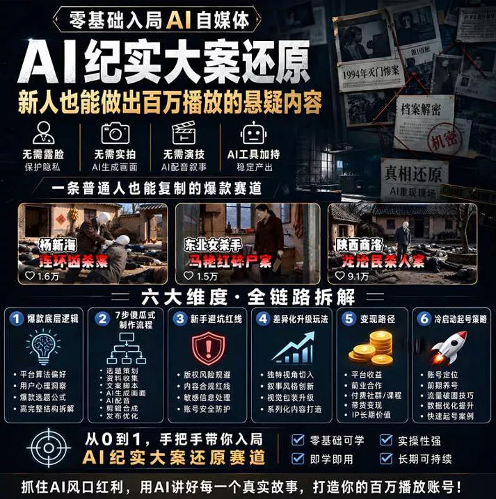 抖音8W粉丝博主的AI纪实大案还原教学,新人也能做出百W播放的悬疑内容,抓住AI风口红利,用AI讲好每一个真实故事(更新1014)