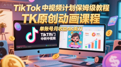 TikTok中视频计划保姆级教程，TK原创动画课程，单账号月收益4k美刀_抖汇吧