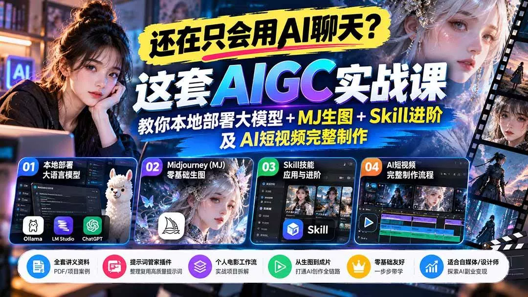 （21135期）【无水印】还在只会用AI聊天？这套AIGC实战课教你本地部署大模型+MJ生图+Skill进阶及AI短视频完整制作