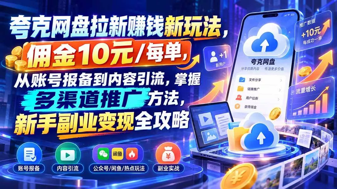 （21108期）夸克网盘拉新赚钱新玩法，佣金10元/每单，从账号报备到内容引流，掌握多渠道推广方法，新手副业变现全攻略_抖汇吧