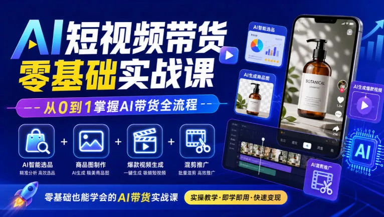AI短视频带货零基础实战课｜AI智能选品+商品图制作+爆款视频生成+混剪推广，从0到1掌握AI带货全流程_抖汇吧