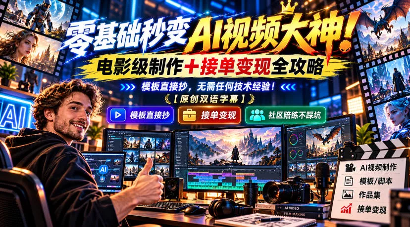 零基础秒变AI视频大神！电影级制作+接单变现全攻略，模板直接抄，无需任何技术经验！【原创双语字幕】_抖汇吧