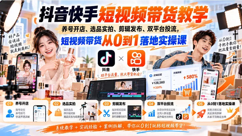 抖音快手短视频带货教学｜养号开店、选品实拍、剪辑发布、双平台投流，短视频带货从0到1落地实操课_抖汇吧