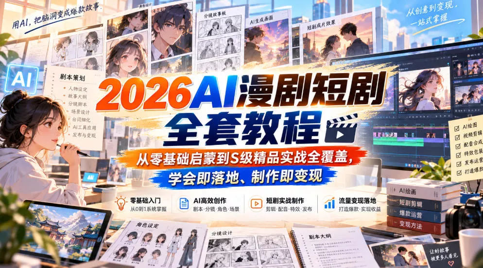 【无水印】2026AI漫剧短剧全套教程,从零基础启蒙到S级精品实战全覆盖,学会即落地、制作即变现_抖汇吧