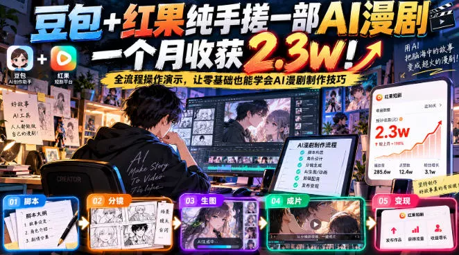 豆包+红果纯手搓一部AI漫剧一个月收获2.3w！全流程操作演示，让零基础也能学会AI漫剧制作技巧_抖汇吧
