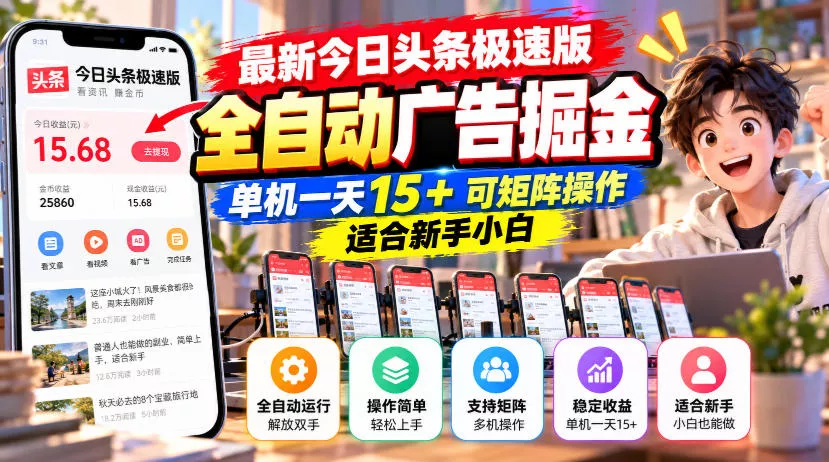 最新今日头条极速版全自动广告掘金，单机一天15+可矩阵操作适合新手小白_抖汇吧