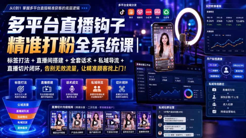 多平台直播钩子精准打粉全系统课｜标签打法+直播间搭建+全套话术+私域导流+直播切片闭环，告别无效流量，让精准顾客找上门！_抖汇吧