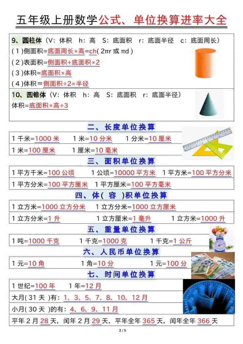 五年级上数学公式、单位换算进率大全_抖汇吧
