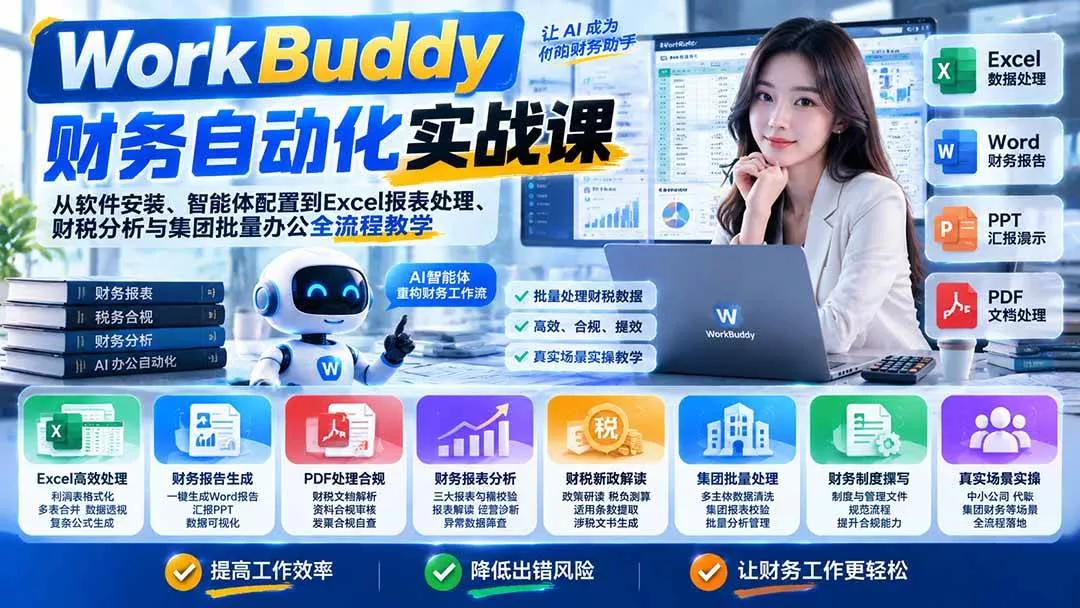 （21131期）WorkBuddy财务自动化实战课：从软件安装、智能体配置到Excel报表处理、财税分析与集团批量办公全流程教学_抖汇吧