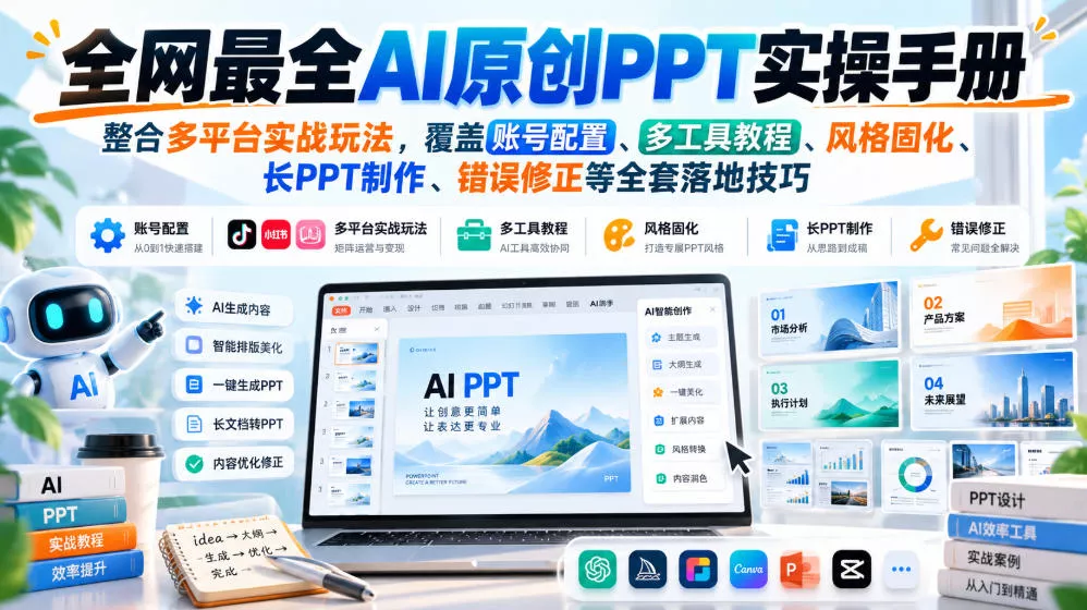 全网最全AI原创PPT实操手册，整合多平台实战玩法，覆盖账号配置、多工具教程、风格固化、长PPT制作、错误修正等全套落地技巧_抖汇吧