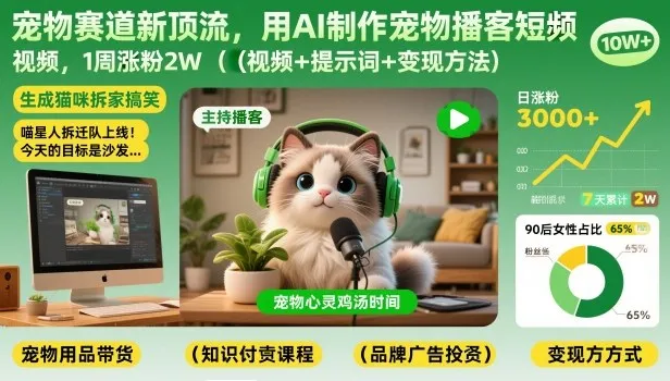 宠物赛道新顶流，用AI制作宠物播客短视频，1周涨粉2W(视频+提示词+变现方法)_抖汇吧