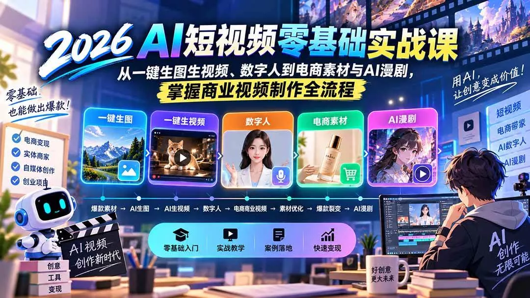 （20263期）2026AI短视频零基础实战课：从一键生图生视频、数字人到电商素材与AI漫剧，掌握商业视频制作全流程_抖汇吧