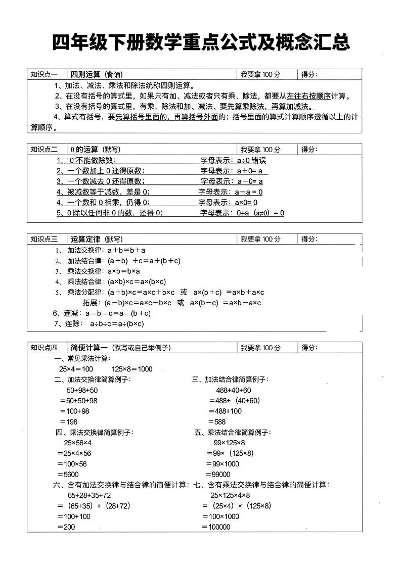 四年级下数学重点公式及概念汇总