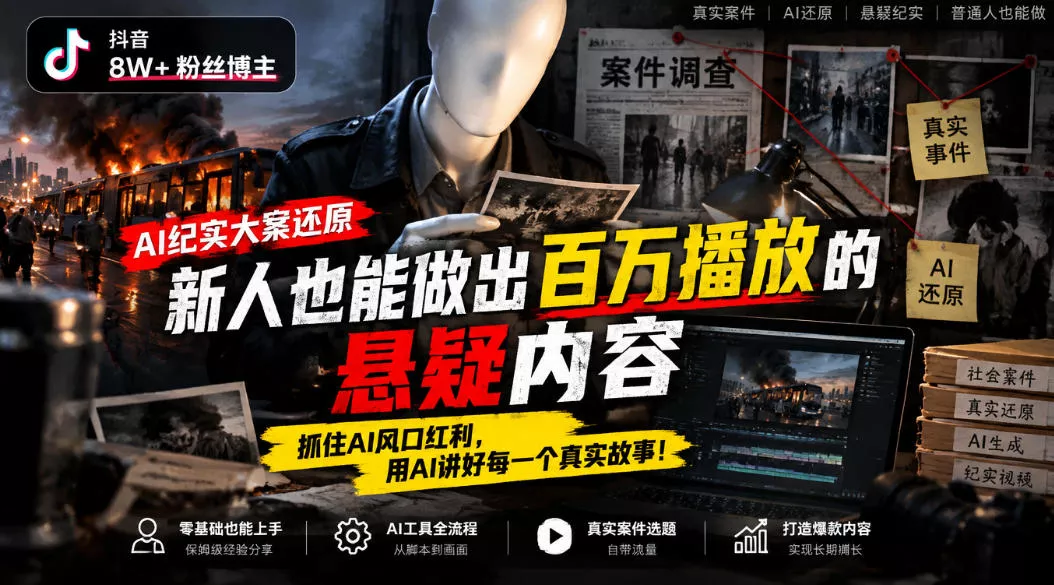 抖音8W粉丝博主的AI纪实大案还原教学，新人也能做出百W播放的悬疑内容，抓住AI风口红利，用AI讲好每一个真实故事_抖汇吧